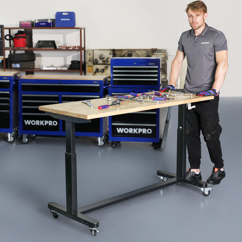 WORKPRO Adjustable Work Table, Wooden Top Workbench with Casters and
